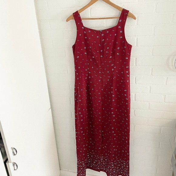 Vintage 90s Maxi dress Empire waist Sleeveless Floral Dark Red Burgundy Sz 13 - Picture 1 of 14